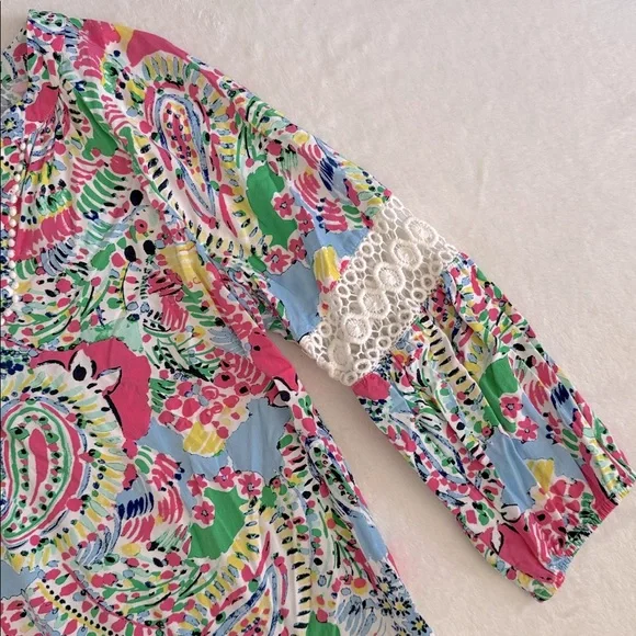 Crown & Ivy | Multicolor Crochet Lace Inset V-Neck Boho Peasant Blouse (M) - Picture 6 of 15